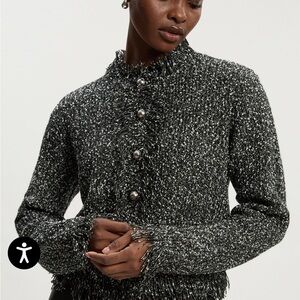 Karen Millen Black & White knitted Cardigan Tweedy Yarn Fringe Detail ✨